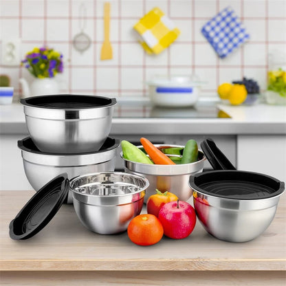 LMETJMA 6 Pcs Stainless Steel Mixing Bowls with Black Lids Kitchen Nesting Salad Mixing Bowl With Non-slip Silicone Bottom JT327