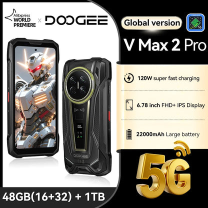 World Premiere DOOGEE V Max 2 Pro 5G Rugged Phone 6.78" FHD+ IPS 120Hz Display 48GB+1TB 22000mAh 200MP 120W Smartphon Android 16