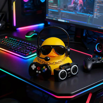 Adorable Gaming Duck Figurine With Headset & Sunglasses Funny Desk Decor for Home Office Car Dashboard Gamer Room Unique Gifts