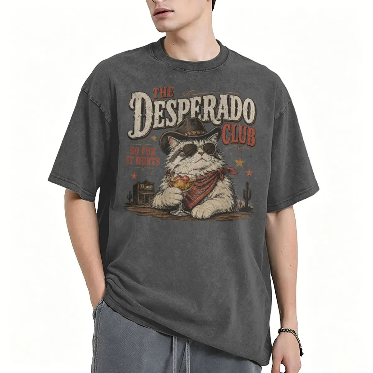 Vintage Washed Western Cowboy Cat T-shirt Cute Animal Manga T-shirts Men Women Cotton Casual Oversized T Shirt Tops