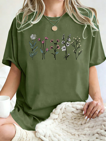 All Kinds Of Beautiful Flowers Printed T-Shirt Women Cotton Loose T Shirts All-Match Summer Clothing Comfortable Y2K Streetwear
