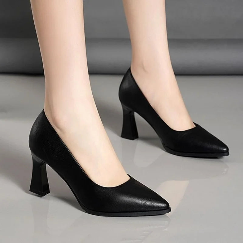 Women's Pumps, Lightweight Breathable Soft Leather Pointed Toe Heels, Square Block Heel Formal Shoes for Office & Business