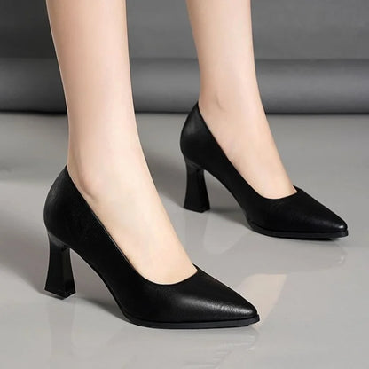Women's Pumps, Lightweight Breathable Soft Leather Pointed Toe Heels, Square Block Heel Formal Shoes for Office & Business