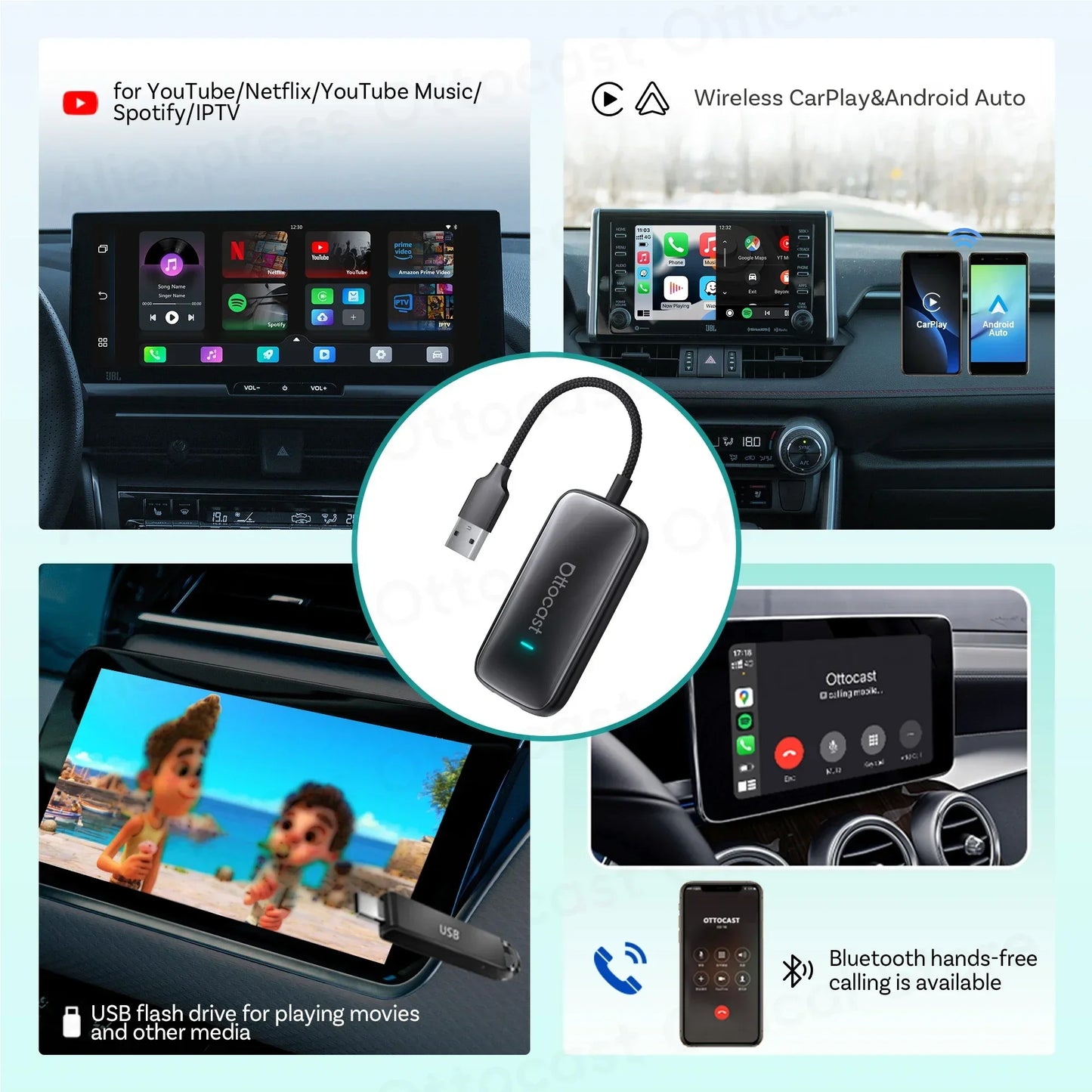OTTOCAST Play2Video Ultra Wireless CarPlay Android Auto Adapter for Youtube Netflix Car Accessories for Benz Ford VW Kia Toyota