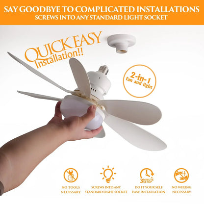 Cordless Light Socket Fan for Kitchen Bedroom Small Room LED Socket Fan Light with Remote Small Ceiling Fan with Light