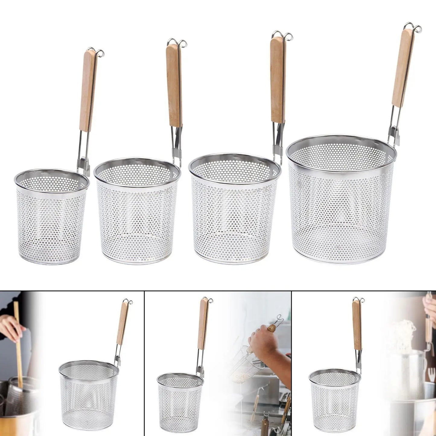 Stainless Steel Pasta Strainer Frying Serving Basket with Wood Handle for Onion