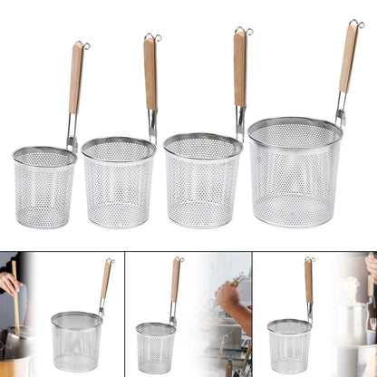 Stainless Steel Pasta Strainer Frying Serving Basket with Wood Handle for Onion
