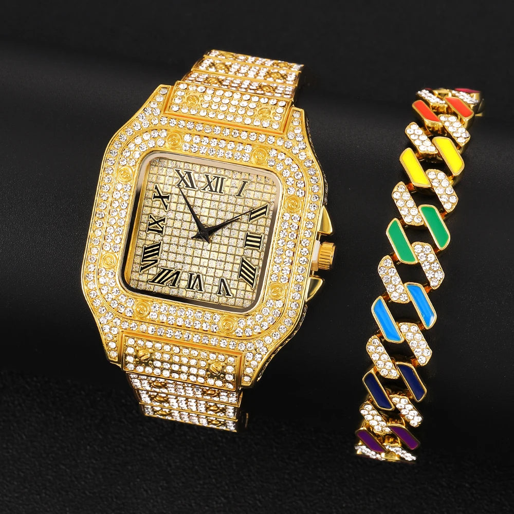 2024 Full Iced Out Watch Mens Cuban Link Chain Bracelet watch Bling Jewelry for Men Big Gold Chains Hip Hop Men Watch Set