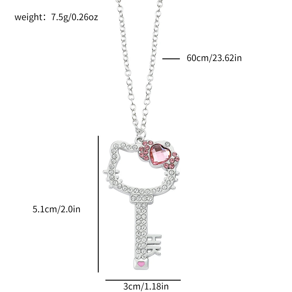 Kitty Cat Necklace Anime Pink Peach Heart Crystal Cat Key Pendant Jewelry Gift for Fans