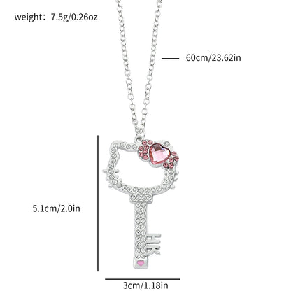 Kitty Cat Necklace Anime Pink Peach Heart Crystal Cat Key Pendant Jewelry Gift for Fans