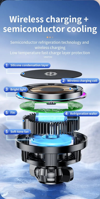 Ice Cooling Magnetic Wireless Car Charger Fast Charging Station for iPhone15 14 13 12 Pro Max 15W Magnet Car Phone Holder Stand