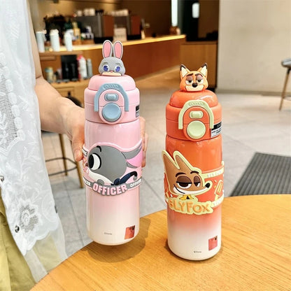 X&W  Zootopia Judy Nick Stainless Steel Insulated Cup Double Drinking Straw Cup Warm and Cold Proof Outdoor Sports Water Bottle