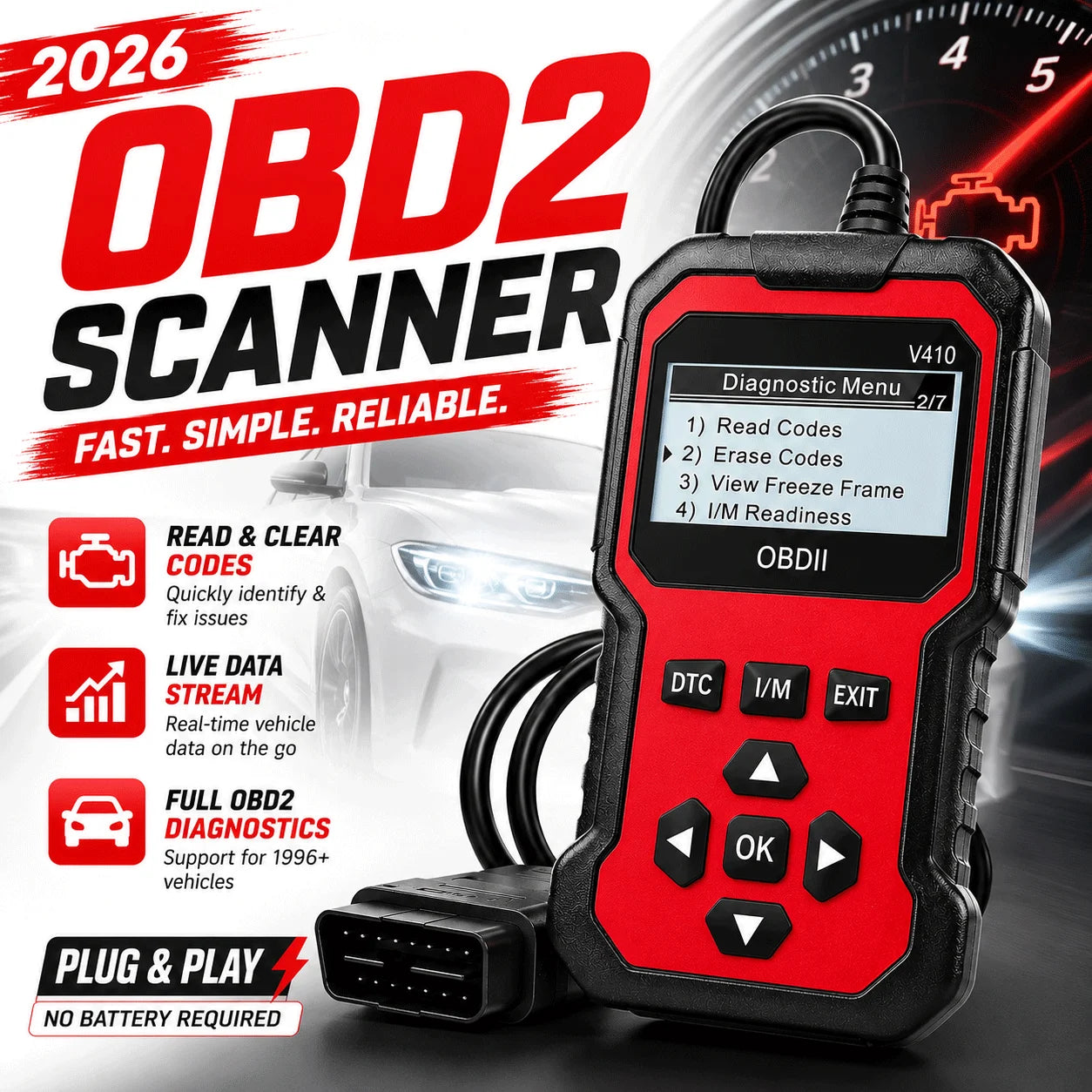 V410 OBD2 Scanner Diagnostic Tool for Cars and Trucks Since 1996+, Data Stream, I/M Readiness, Voltage Test