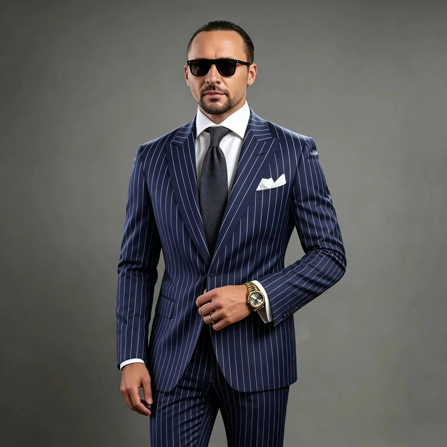 Navy Blue Pinstripe Men's Suits Fashion Peaked Lapel Two Buttons Groom Wedding Business Prom Party Male Suit (Jacket+Pant)