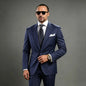 Navy Blue Pinstripe Men's Suits Fashion Peaked Lapel Two Buttons Groom Wedding Business Prom Party Male Suit (Jacket+Pant)