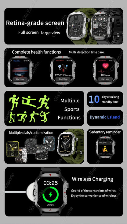2026 New Military Smart Watch Men IP67 3ATM Outdoor Sports Fitness Tracker Blood Pressure Health Monitor BT Calls GPS Smartwatch