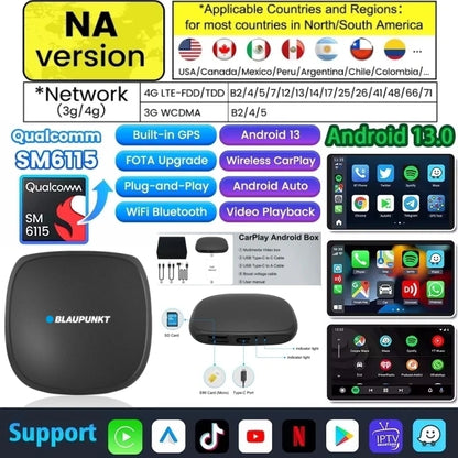 Android 13 Android Auto Wireless CarPlay AI TV Box QCM6115 8-Core Split Screen 64G 128G For Netflix Play Store