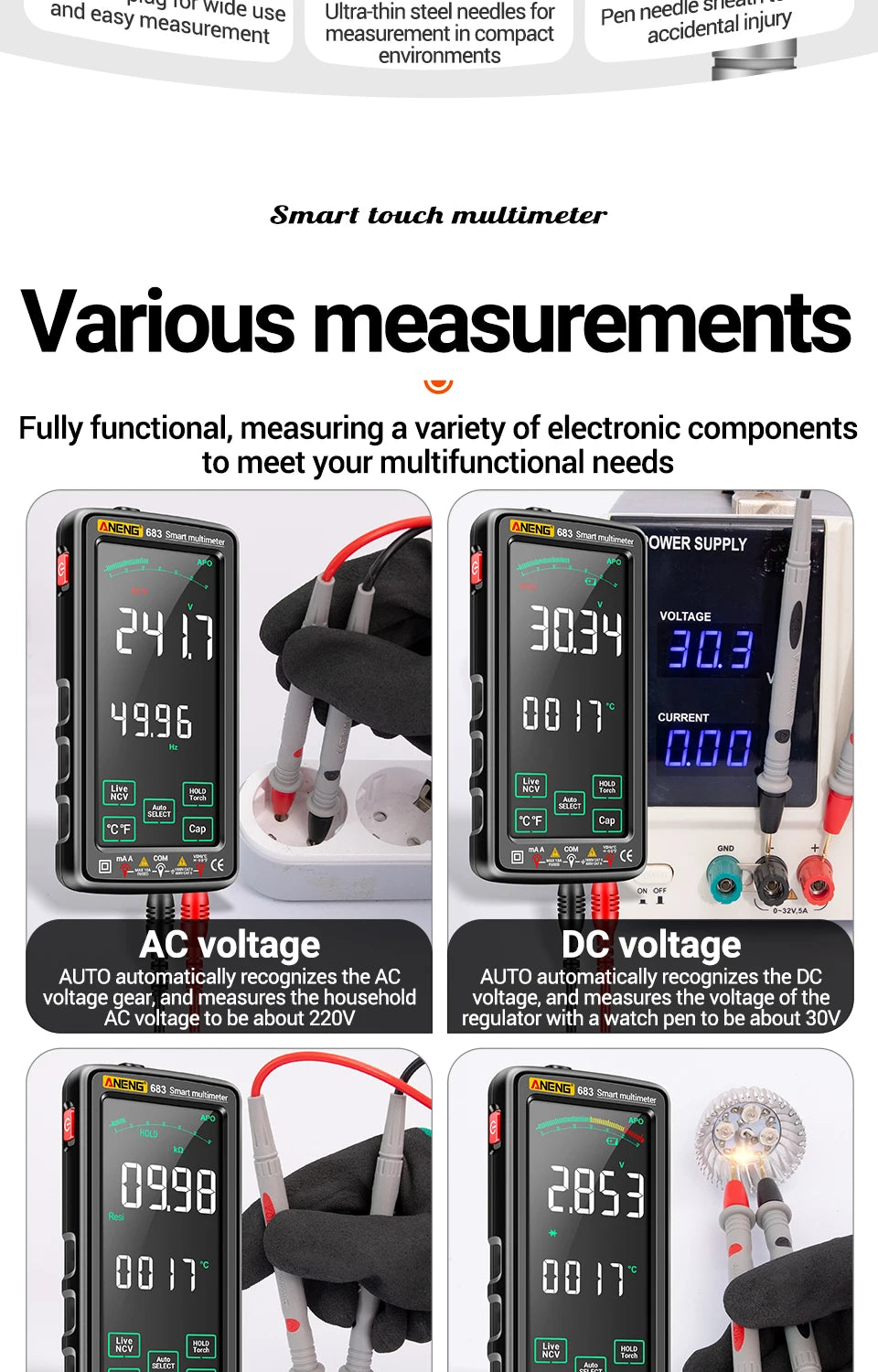 Multimetr Smart z ekranem dotykowym, tester ładowalny napięcia/prądu AC/DC, miernik NCV z indukcją, narzędzia elektryczne do diod ANENG 683