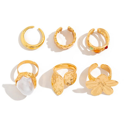 Fashion Gold Color Flower Crystal Imitation Pearl Open Ring for Women Engagement Party Gift Temperament Jewelry 2024 ﻿