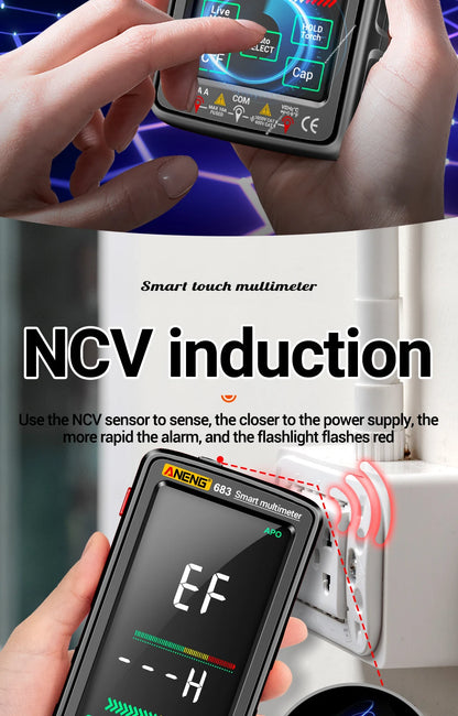 Multimetr Smart z ekranem dotykowym, tester ładowalny napięcia/prądu AC/DC, miernik NCV z indukcją, narzędzia elektryczne do diod ANENG 683