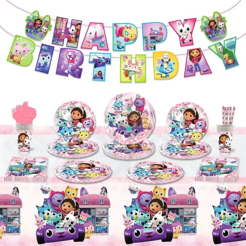 Gabby Dollhouse Birthday Party Supplies Plates Cups Tablecloth Napkins Gabby Cat Birthday Decoration Supply Kit Kids Party Favor