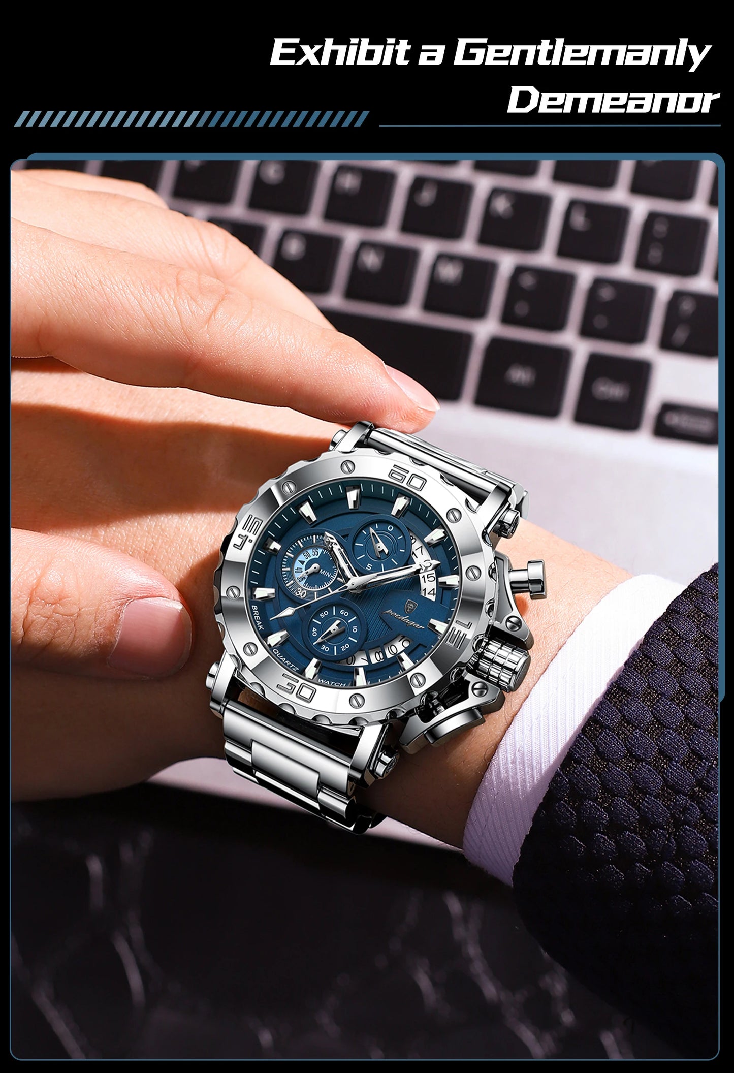 POEDAGAR Top Business Men's Wristwatch Luminous Waterproof Man Clock Chronograph Calendar Stainless Steel Quartz Watches For Men