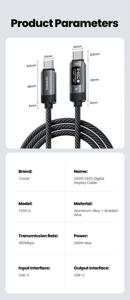 Toocki X111 240W USB C Cable Fast Charging PD3.1 OLED Digital Display Type C to Type C Cable For Macbook iPhone 17 Samsung S25