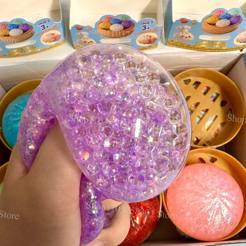 Colorful Dumpling Squishes Stress Balls Fidget Sensory Toys Simulation Food Squishies Bun with Steamer Squeeze Dough Ball Gifts