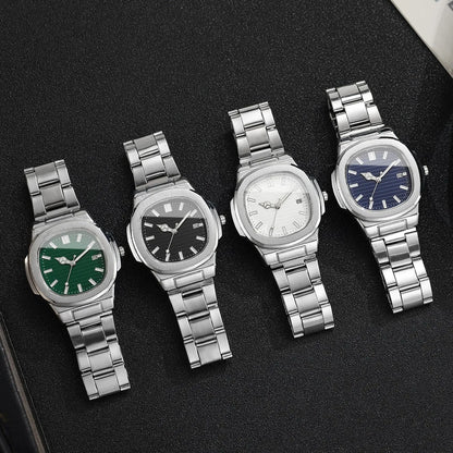3PCS Fashion Men Business Watches Bracelet Necklace Set Square Dial Stainless Steel Band Quartz Watch with Calendar（Without Box）