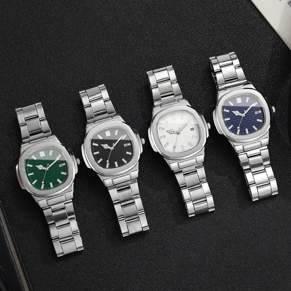 3PCS Fashion Men Business Watches Bracelet Necklace Set Square Dial Stainless Steel Band Quartz Watch with Calendar（Without Box）