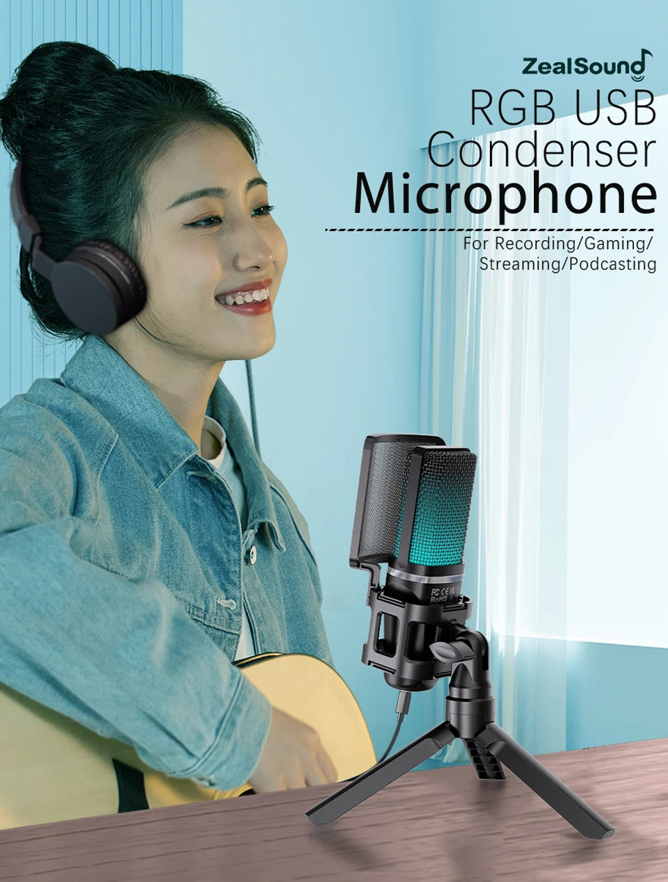Zealsound RGB USB Condenser Gaming Microphone Computer Professional Mic For PC PS4 PS5 Mac Phone Recording Streaming Podcasting
