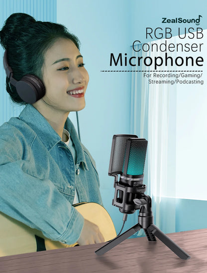 Zealsound RGB USB Condenser Gaming Microphone Computer Professional Mic For PC PS4 PS5 Mac Phone Recording Streaming Podcasting
