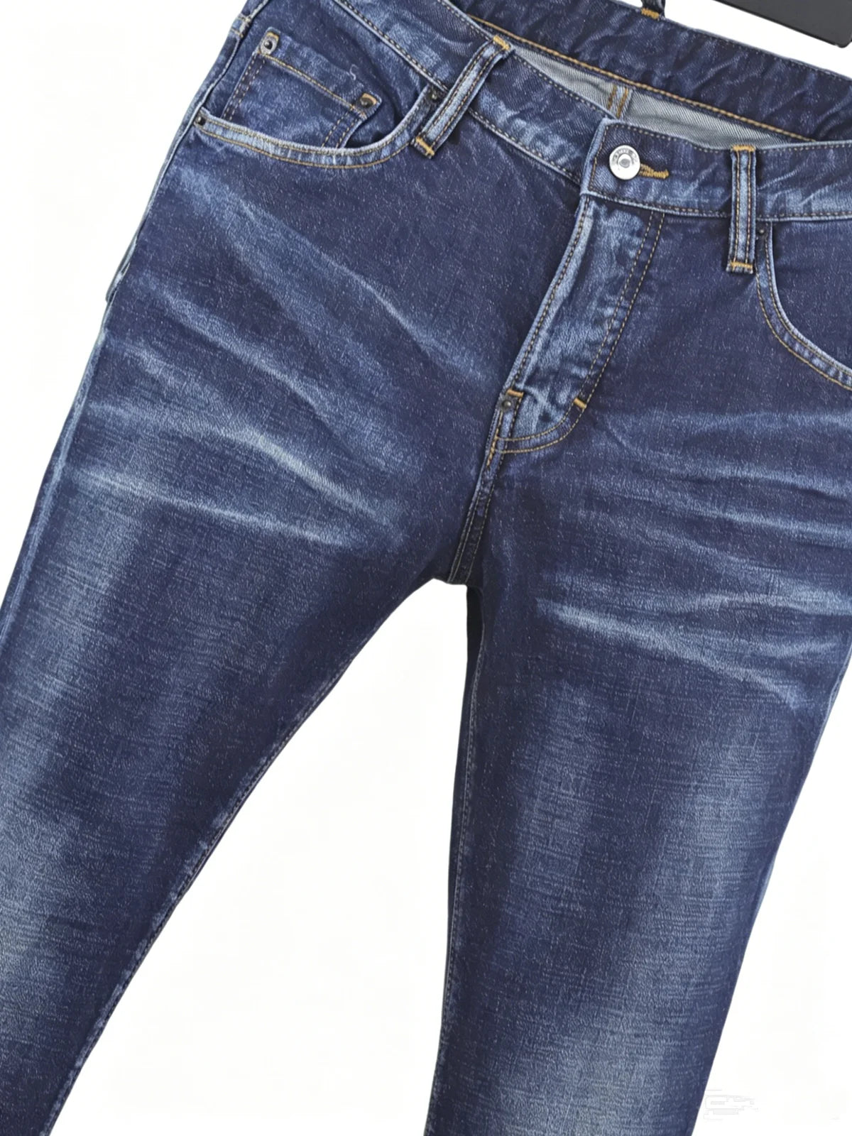 6057 Four Seasons New Men's Wear Washed Ripped Patch Paint Slim-fit Feet Blue Jeans for Men