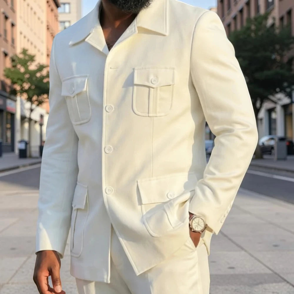 White Safari Men Suits with Structured Pocket Design Slim Fit 2 Pieces Man Fashion Blazer with Pants for Weekend Getaway Suit