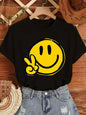Women's Geometric Joyful Face Smile Print T-Shirt Casual Short Sleeve Crew Neck Top Comfort Summer Woman Clothing
