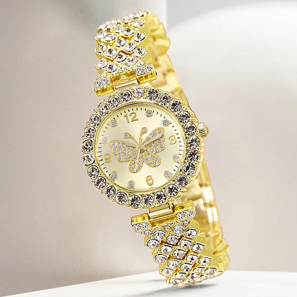 4PCS Golden Butterfly Element Trendy Fashion Luxury Women's Quartz Watch Bracelet Set
