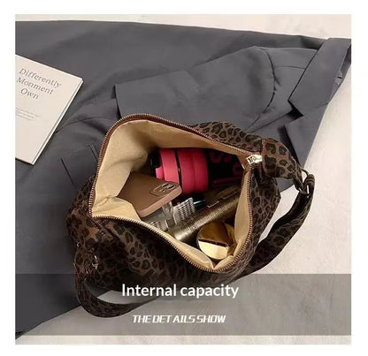 Trendy Casual Soft Textile Women's Shoulder Bag Large Capacity Leopard Print Female Retro Crossbody Bag For Commute Outings