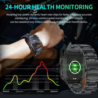 LIGE New Military Smart Watch Men Outdoor Sports 3ATM Waterproof  Blood Oxygen Bluetooth Call Watches Men Smartwatch For Android