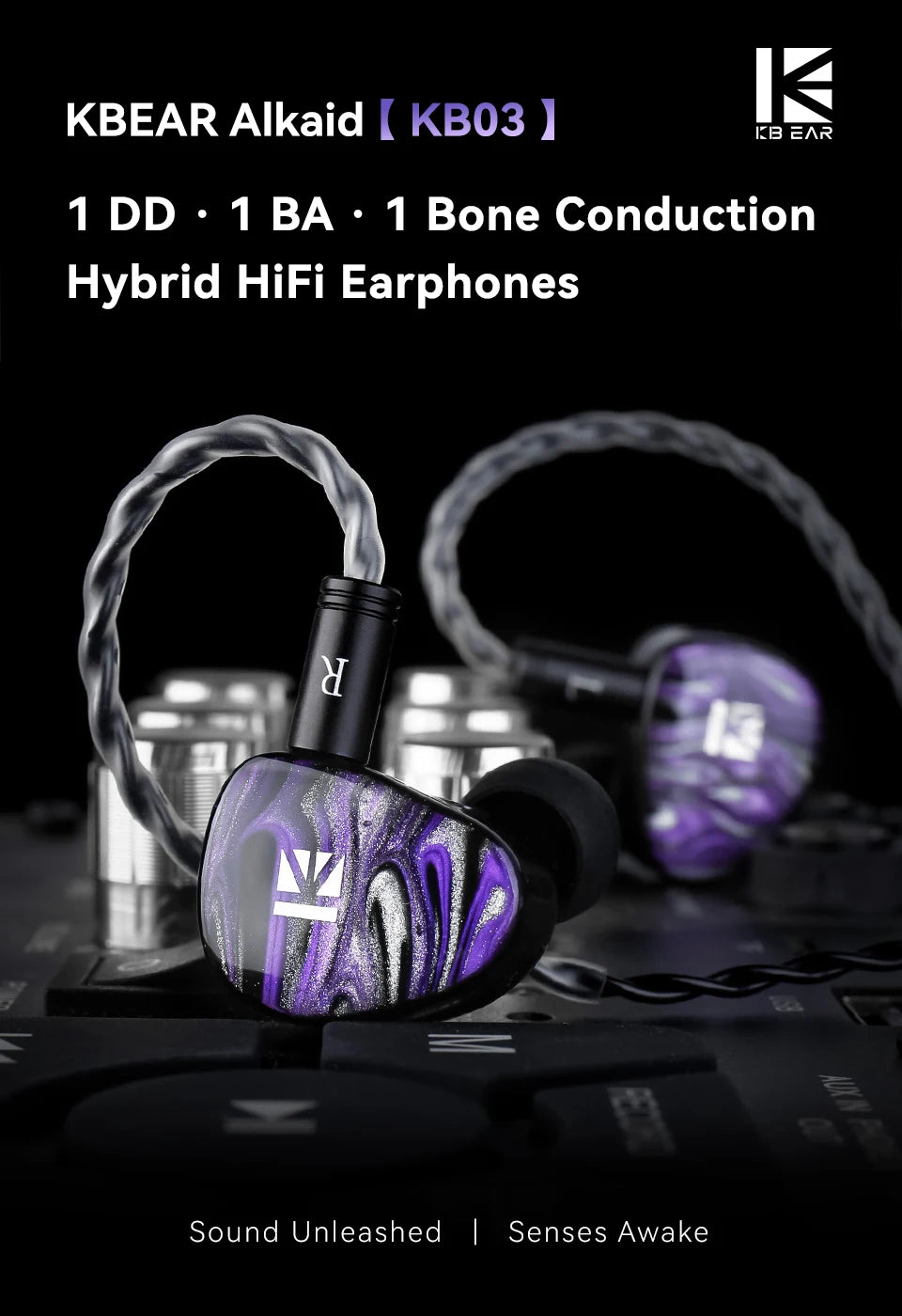 KBEAR Alkaid KB03 1DD+1BA+1Bone Conduction Hybrid IEM HiFi Earphones Beryllium-Coated Dynamic 3D Printed Resin Cavity Wired Headphones for Audiophile & Gaming