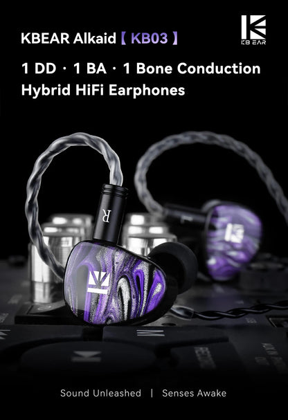 KBEAR Alkaid KB03 1DD+1BA+1Bone Conduction Hybrid IEM HiFi Earphones Beryllium-Coated Dynamic 3D Printed Resin Cavity Wired Headphones for Audiophile & Gaming