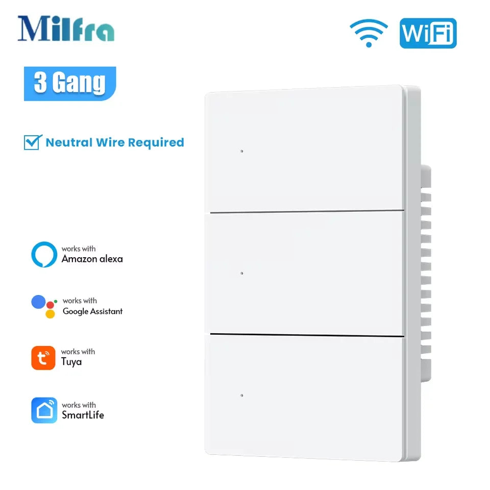 Milfra Smart Switch Zigbee WIFI Light Switch 1/2/3/4/6 Gang Voice Control Work With Alexa Google Home Tuya Control With Neutral