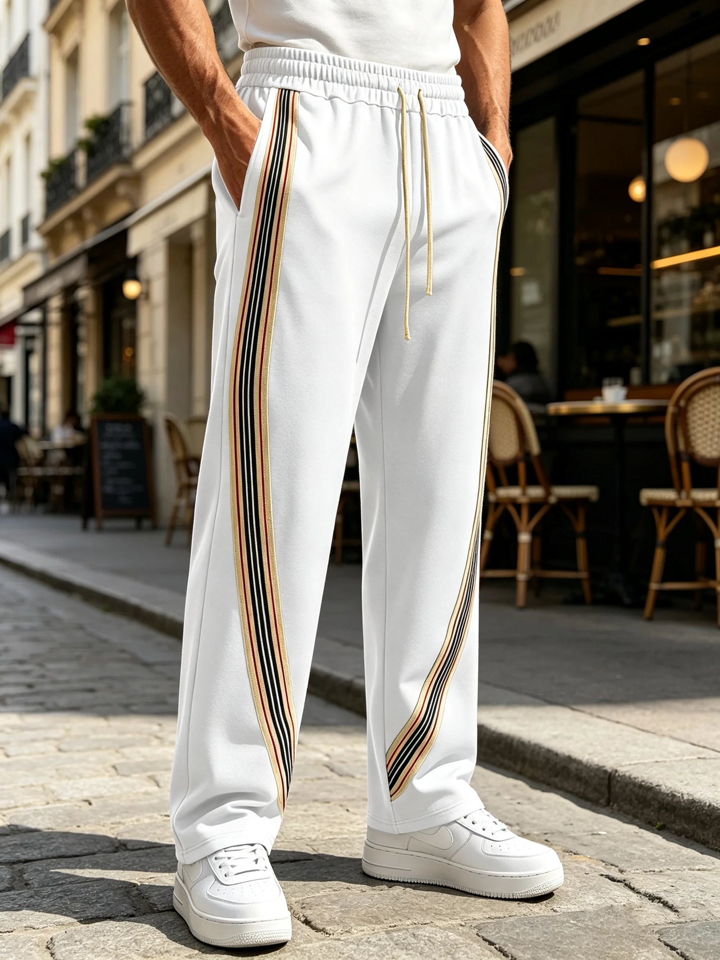 Men Striped Side Track Pants Elastic Drawstring Waist Sweatpants Straight Leg Joggers Streetwear Loose Sport Pants Daily Workout