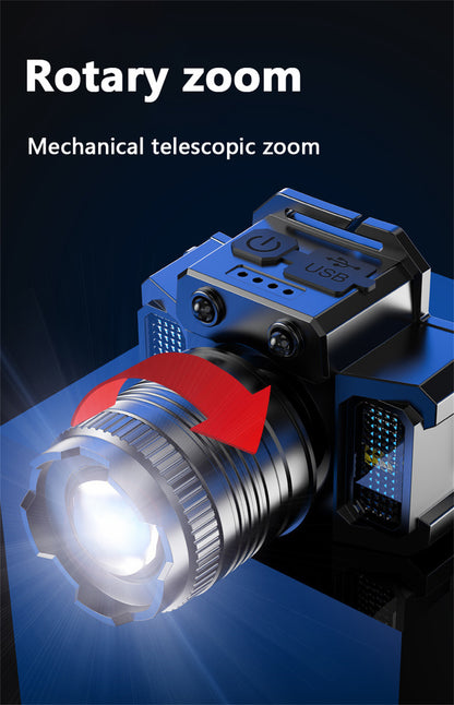 Zoomowalna Latarka Czołowa LED z Ładowaniem USB, Czujnik Ruchu, Wodoodporna Czołówka, Latarka Awaryjna, Czołowa Lampa Robocza