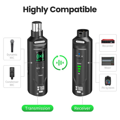 XTUGA UHF Professional Microphone Wireless Converter XLR Recharge Transmitter Receiver for Dynamic/Condenser Mic Audio Mixer