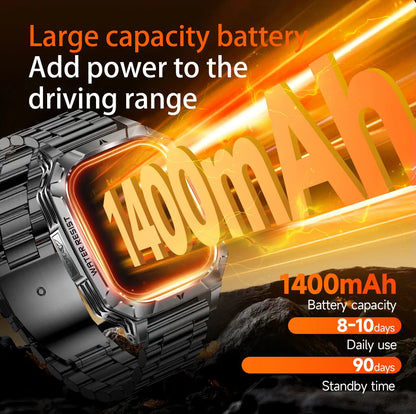 New Rugged Military Smart Watch Men 1400 mAh battery 2.01inch Bluetooth Call Health monitoring device LED flashlight Smart watch