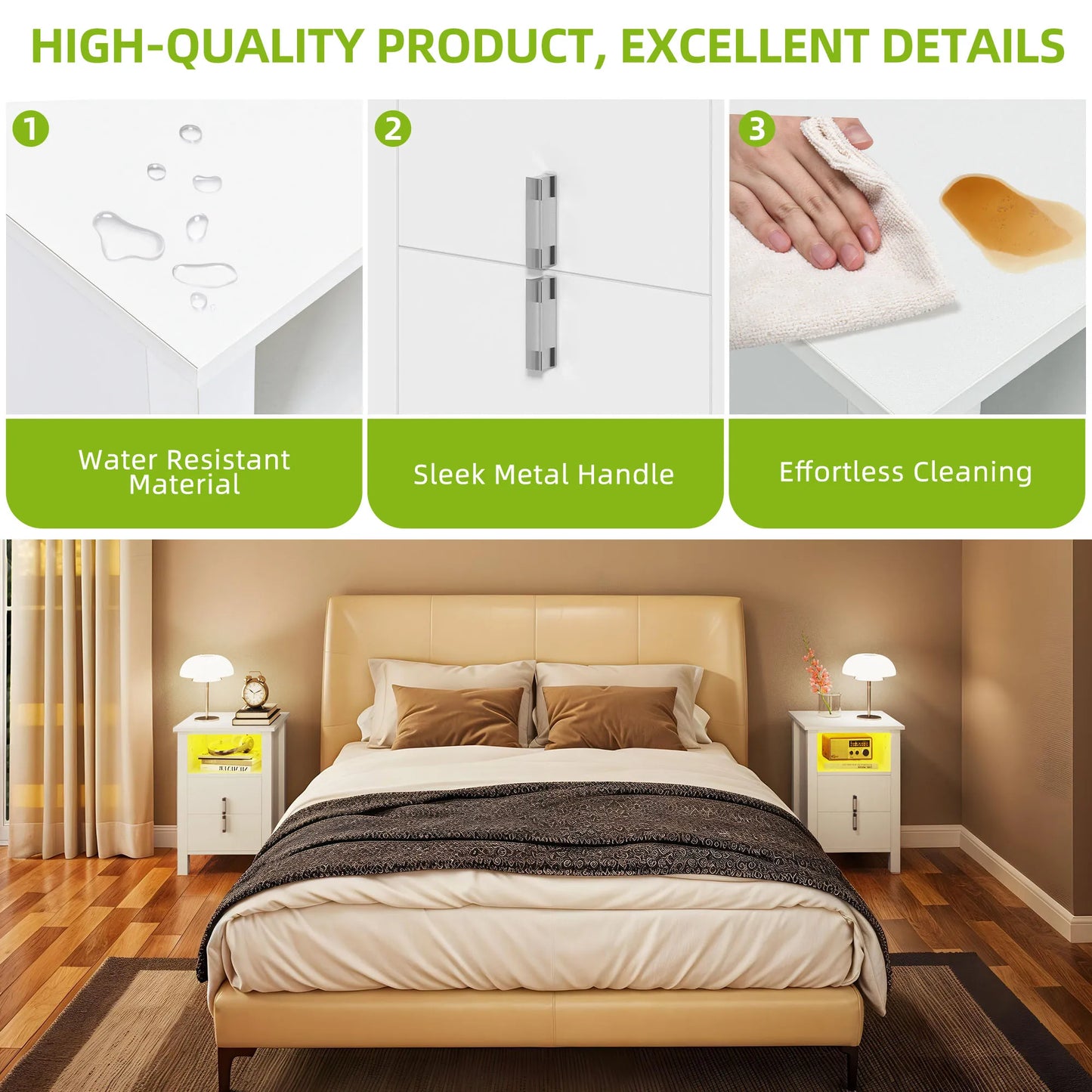 YITAHOME 2 - Piece LED White Bedside Table Set - 2 - Drawer Nightstands with LED Lighting for Bedroom and Living Room