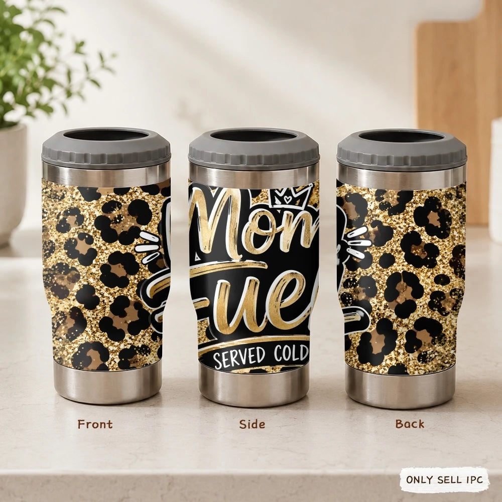 Mama Needs a Drink Leopard Vacuum Flasks 4-in-1 Stainless Steel Can Cooler Insulated Beer Soda Coffee Holder Dual Lids Fits 12oz
