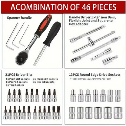 46pcs Socket Set Auto Repair Multi-functional 1/4 Inch Drive Socket Ratchet Wrench Set Round Edge Drive Socket Motorcycle Repair