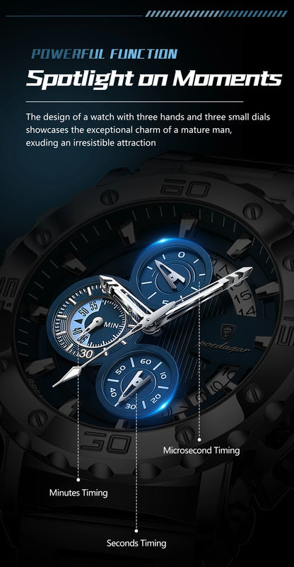 POEDAGAR Top Business Men's Wristwatch Luminous Waterproof Man Clock Chronograph Calendar Stainless Steel Quartz Watches For Men