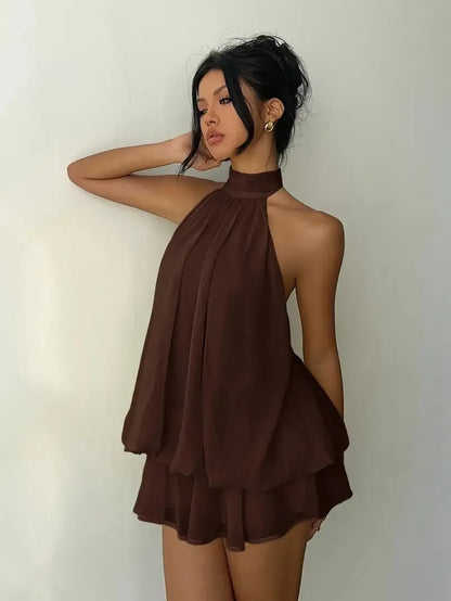 2026 Women's Elegant Halter Neck Sleeveless Ruffled Layered Chiffon Mini Dress Casual Summer Party Dress for Beach Vacation Y2K